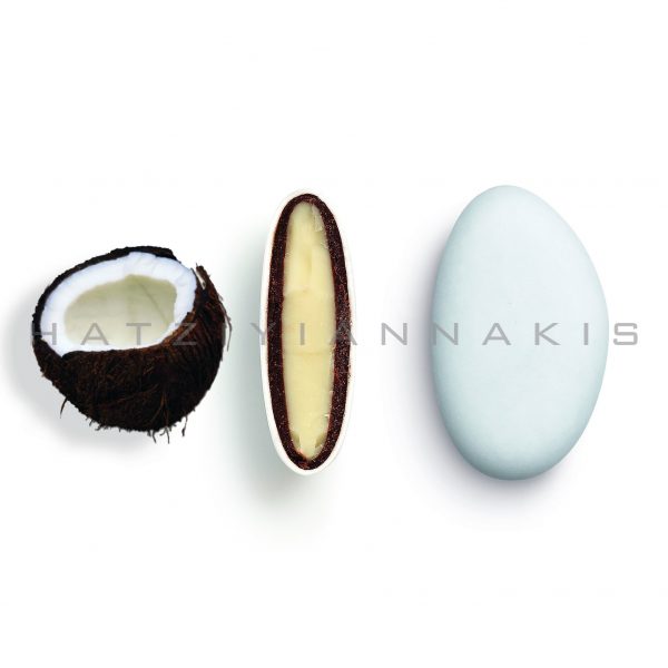 white chocolate & chocolate (55% cocoa) with a thin layer of sugar coating-coconut taste