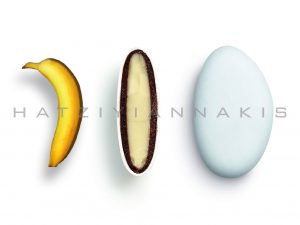 white chocolate & chocolate (55% cocoa) with a thin layer of sugar coating-banana taste