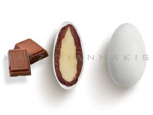 whole roasted almond, and chocolate (55% cacao) with a thin layer of sugar coating-milky chocholate taste