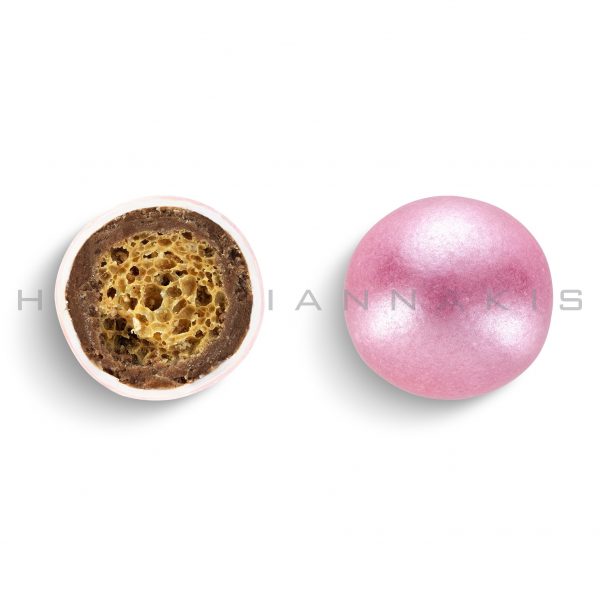 crispy core of cereals & milk chocholate with a thin layer of sugar coating-light pink pearlscent