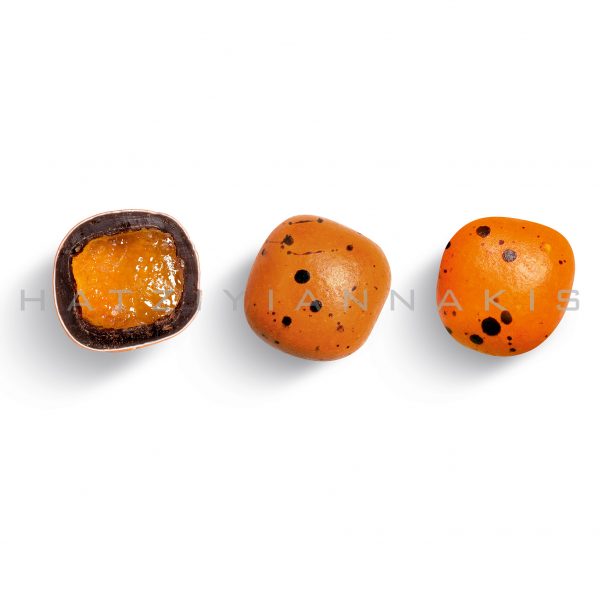 orange in syrup and chocolate (55% cocoa) with a thin layer of sugar-santorini pebble